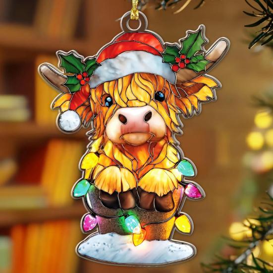 Highland Cow Christmas Ornament Stained Glass Effect Window Hanging Highland Cow Decor Rustic Acrylic Scottish Suncatcher for Farmhouse Tree Decor