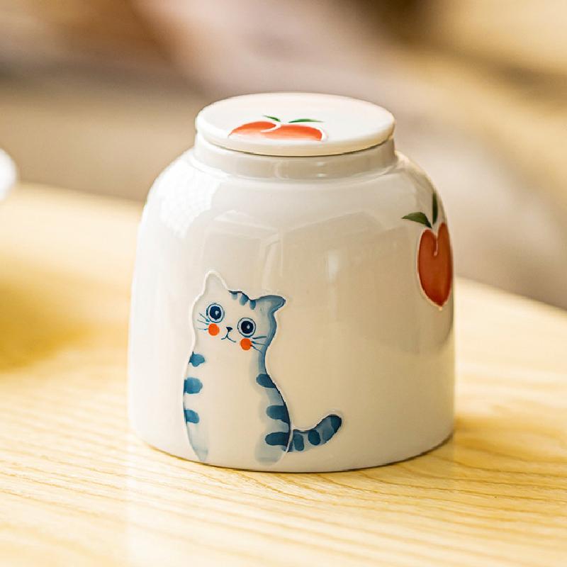 Keramická víčka na čajové plechovky Uzavřená nádoba Ručně malovaná Kočka Keramická Odolná proti vlhkosti Čajová stodola Čajové příslušenství Úložný prostor Květinová dóza Úložný box