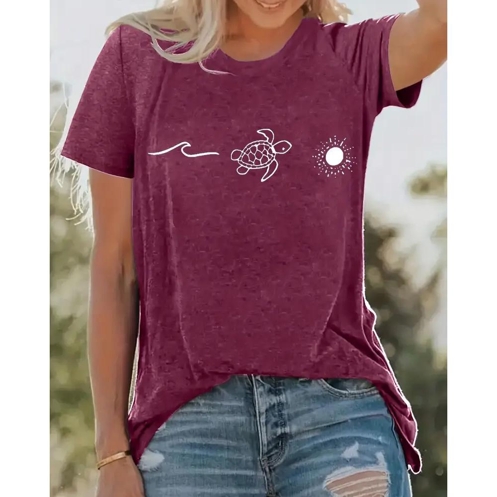 Women s Printed T-shirt Trend Short Sleeved Loose Round Neck Clothing Turtle Sun Pattern Top Women s Fashionable Clothing Summer S
