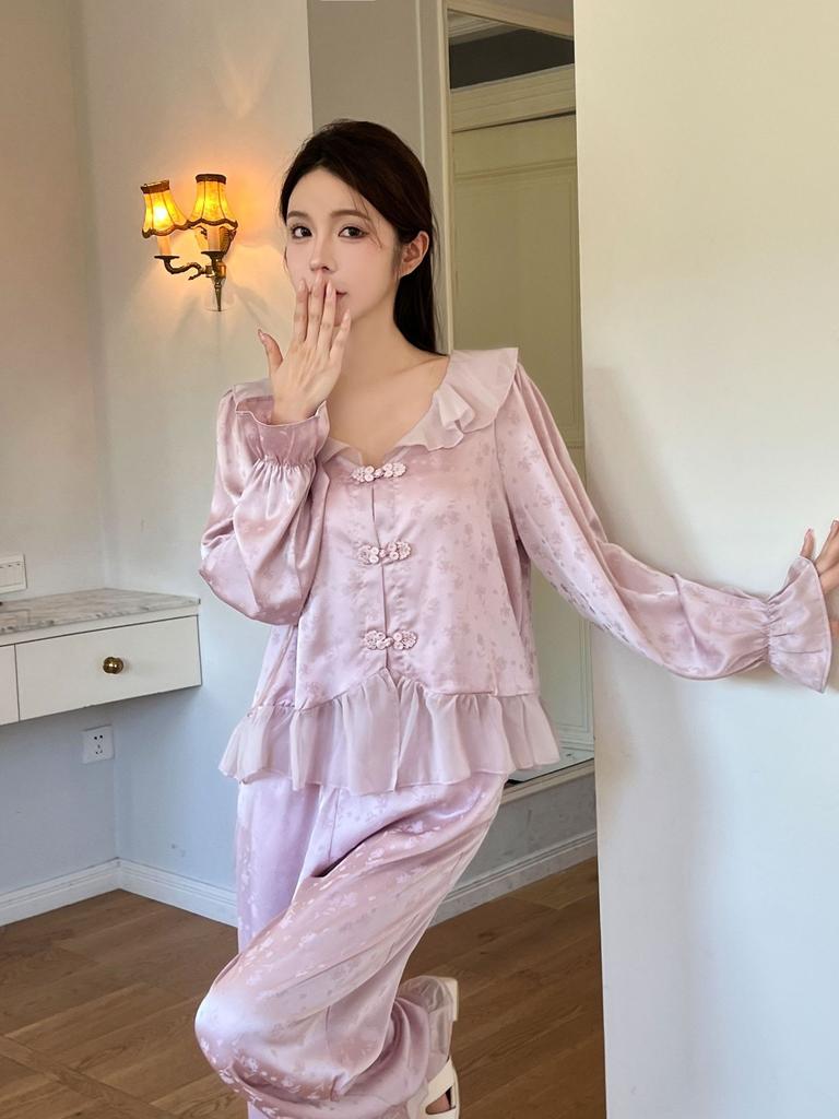 Ice silk jacquard autumn new pajamas women's Japanese sweet long-sleeved court style girl loungewear Xiaoxiangfeng pajamas