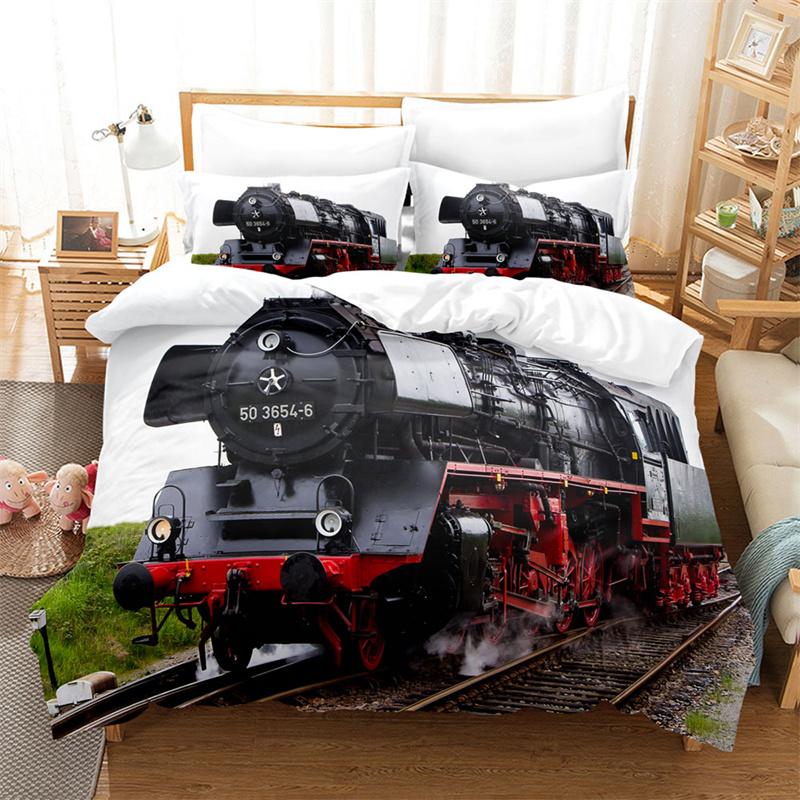 Train Duvet Cover Full Size Boys Steam Engine Bedding Set Microfiber 3D Rail Vehicles Comforter Cover For Boys Teens Room Decor