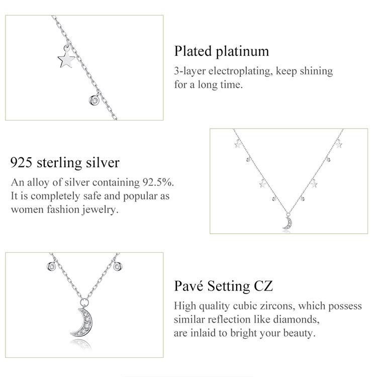 BAMOER 100% Real 925 Sterling Silver Shiny Moon & Stars Necklace for Women Simple Exquisite Fine Jewelry Gift