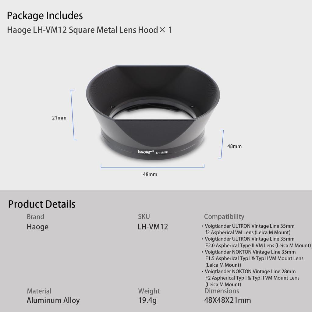 Haoge Bayonet Square Metal Lens Hood for Voigtlander 35mm Type I II ULTRON Aspheric Vintage Line VM Lens Replacement LH-VM12 35mm/f2 12/35 & F1.5