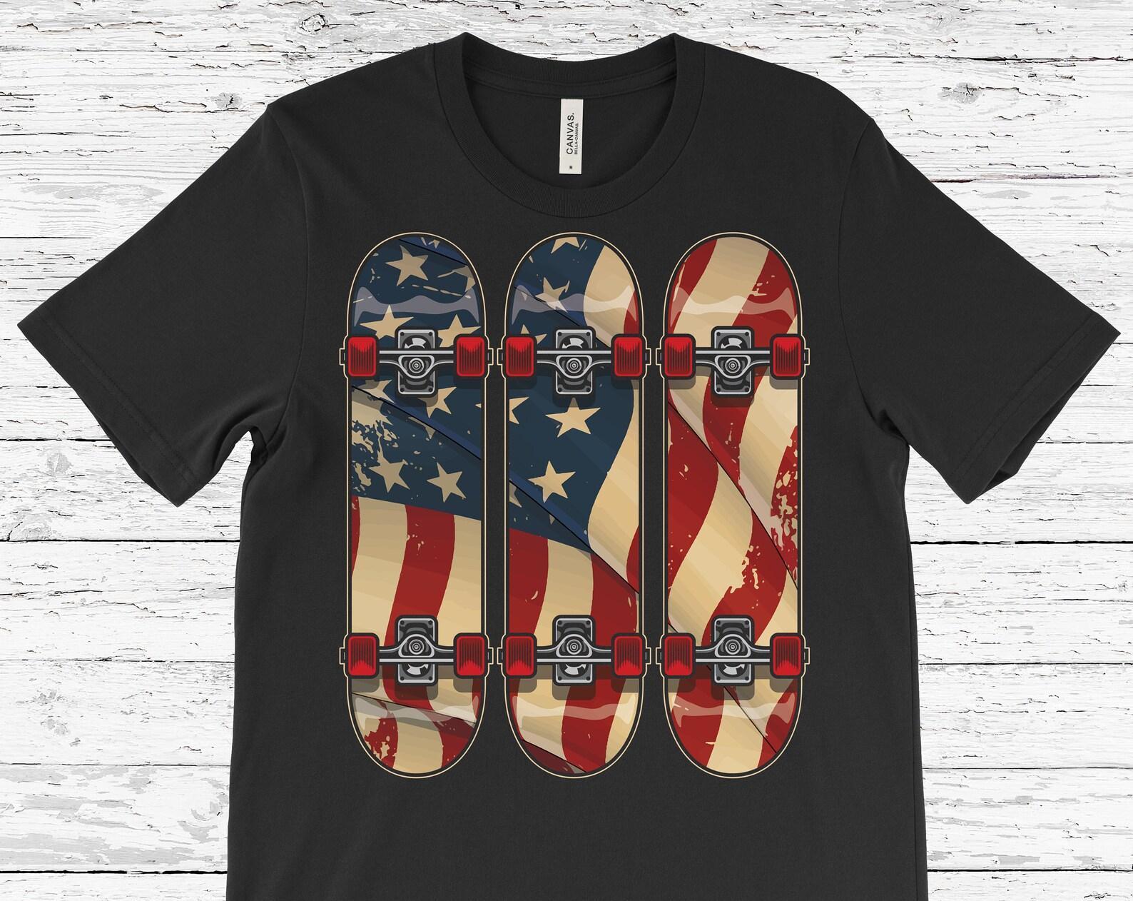 Skateboarding American Flag Skateboard Vintage T-Shirt, USA Skate Boarding Fans Gift, Skateboarder Tricks Lover, Skateboarders Performing, 150