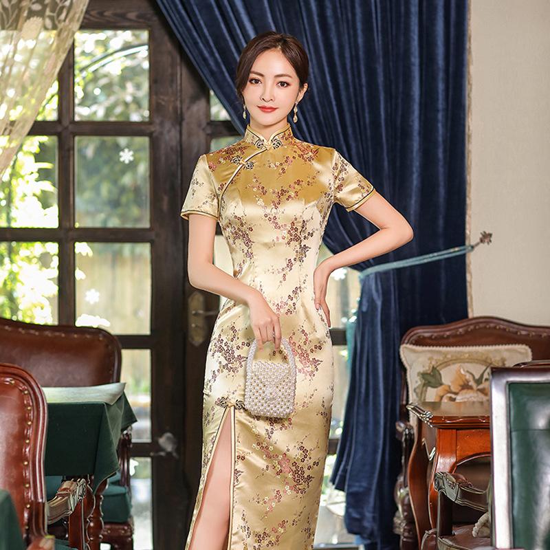 Slim Chinese Traditional Cheongsam Short Sleeve Front Split Vintage Dress Women Long Dress Plum Qipao