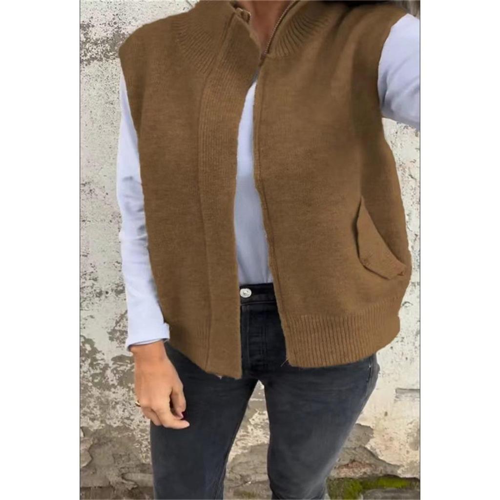 Winter Women's Stand Collar Zip Knitted Vest Loose Casual Open Front Sweater Gilet for Autumn Winter
