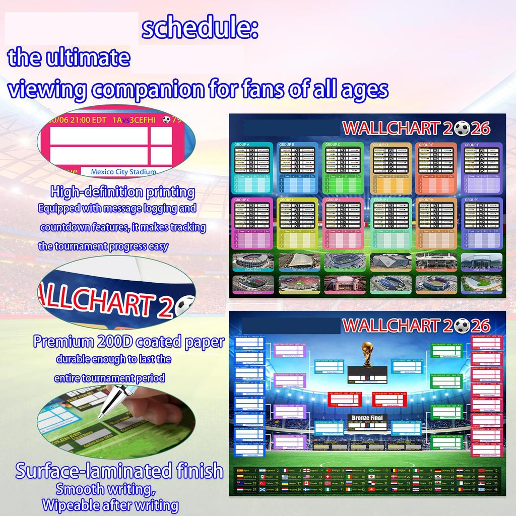 2026 Soccer Tournament Wall Chart Foldable Poster with 48 Team Display and 5ml Ballpoint Pen for Schedule Tracking and Match Results Recording