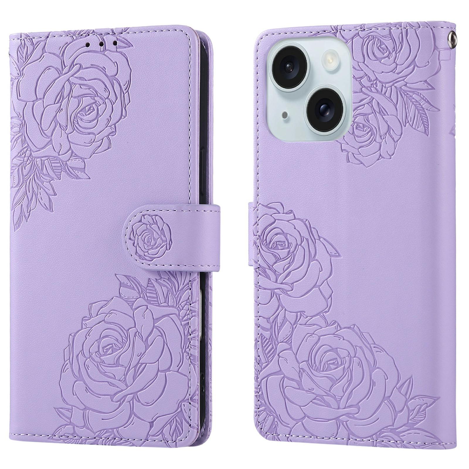

For iPhone 15 Plus/14 Plus Case Rose Flower PU Leather Wallet Phone Cover with 3 Card Slots Light Purple