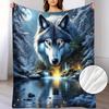 1pc Wolf Print Flannel Blanket - Soft Warm All-Season Throw for Home Office Camping, Majestic Wolf & Waterfall Night Scene Design, Machine Washable Co