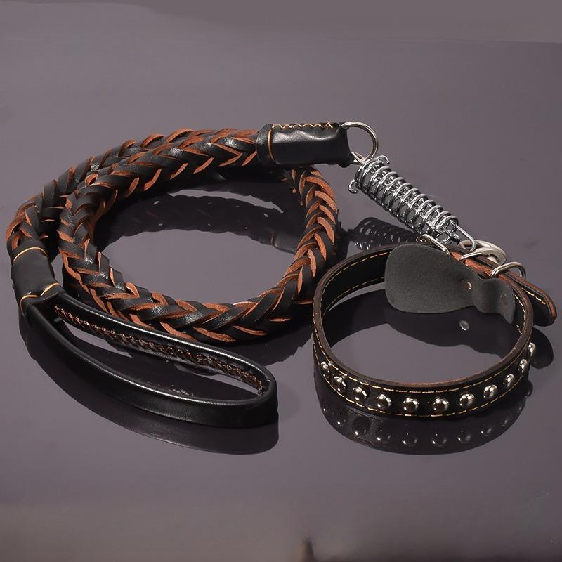 

1sets Hand Woven Cowhide Resistant Traction Rope Medium To Large Dog Collar Chain Siberian Husky Samoyed Newfoundland Tibetan Mastiff Going Out Ropes S weight 10-15kg чёрный