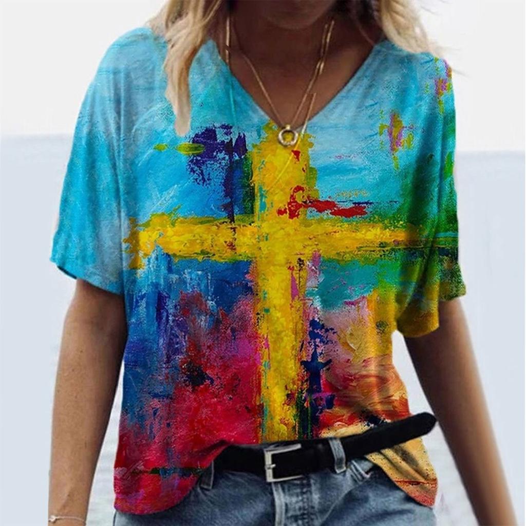 Women's Summer Casual V Neck Short Sleeve T-shirt Vintage Print Top
