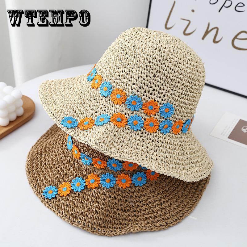 Straw Sun Hat Straw Hat Women's Summer Color Flower Woven Bucket Hat Sweet Beach Travel Hat