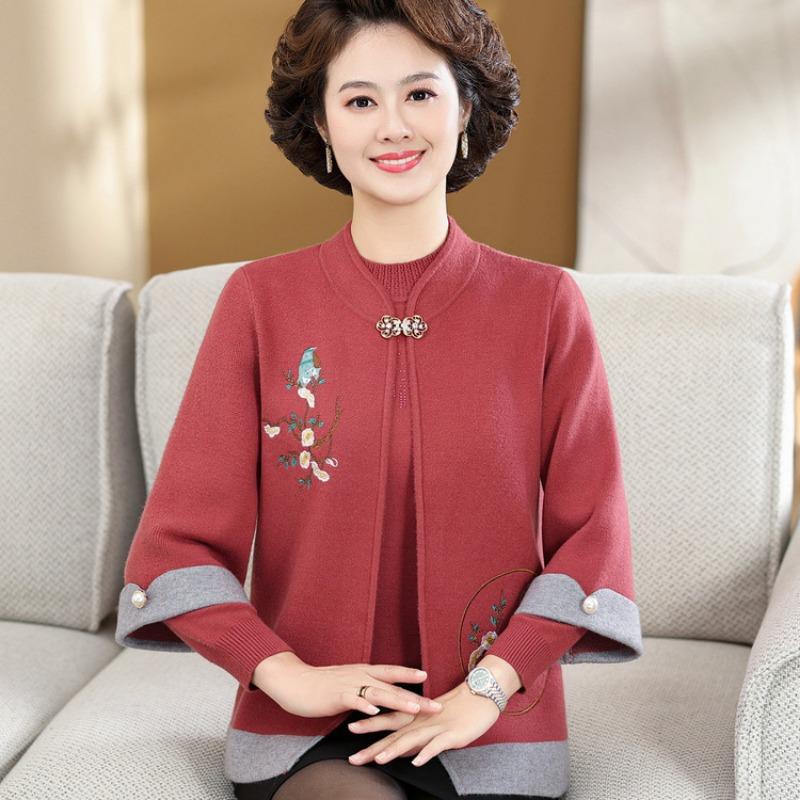 Middle-aged and old women's wedding sweater jacket two-piece set, mother's autumn and winter new suit, fashionable mother-in-law top