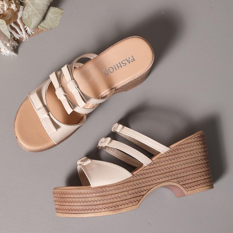 N Nü Korean Summer Muffin Platform Slipper Women's Wedge Peep Toe Bow High Heel Sandal