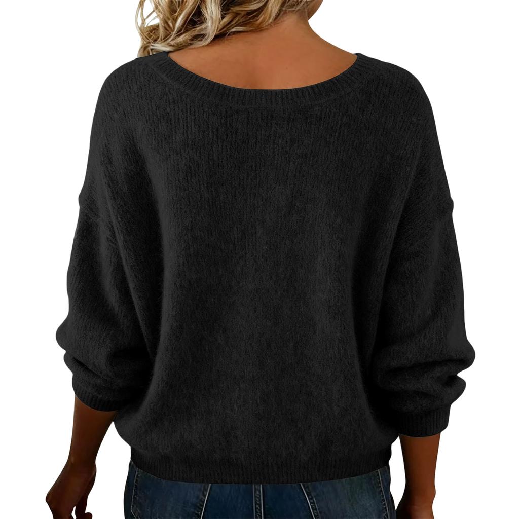 Women's Fashionable Casual Knitted Top Loose-Fit Solid-Colour Long-Sleeved Jumper