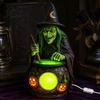 Halloweenowa Statuetka Kociołka Czarownicy ze Świecącym Kociołkiem, Zasilana przez USB Żywica Czarna Kreatywny Prezent dla Przyjaciół Figurka Garnka Zielona/Fioletowa LED