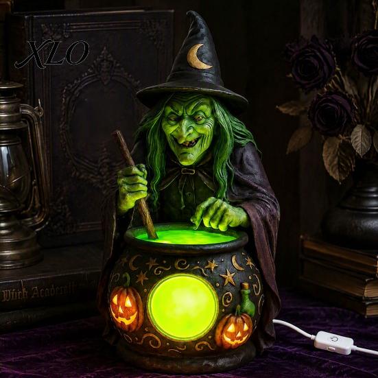 Halloweenowa Statuetka Kociołka Czarownicy ze Świecącym Kociołkiem, Zasilana przez USB Żywica Czarna Kreatywny Prezent dla Przyjaciół Figurka Garnka Zielona/Fioletowa LED