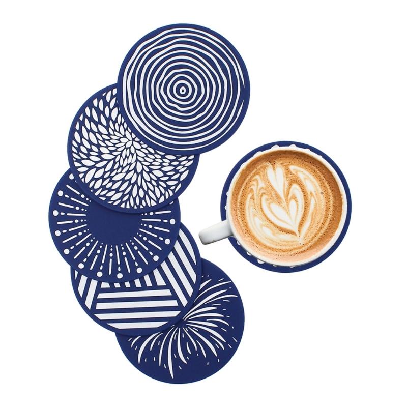 9.6cm Silicone Coasters Set for Various Cups and Mugs Nonslip Printed Pattern Cup Mat Heat Resistant Table Protectors