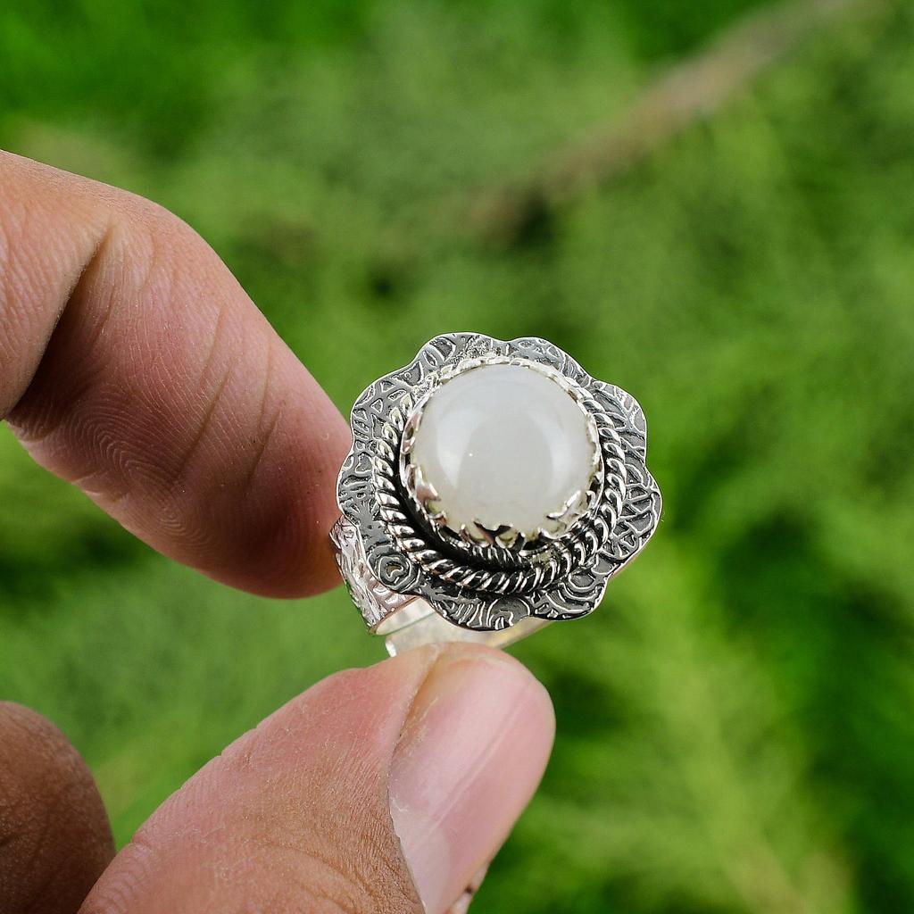 Round Rainbow Moonstone Stone Statement Bezel Stackable Ring 925 Sterling Silver