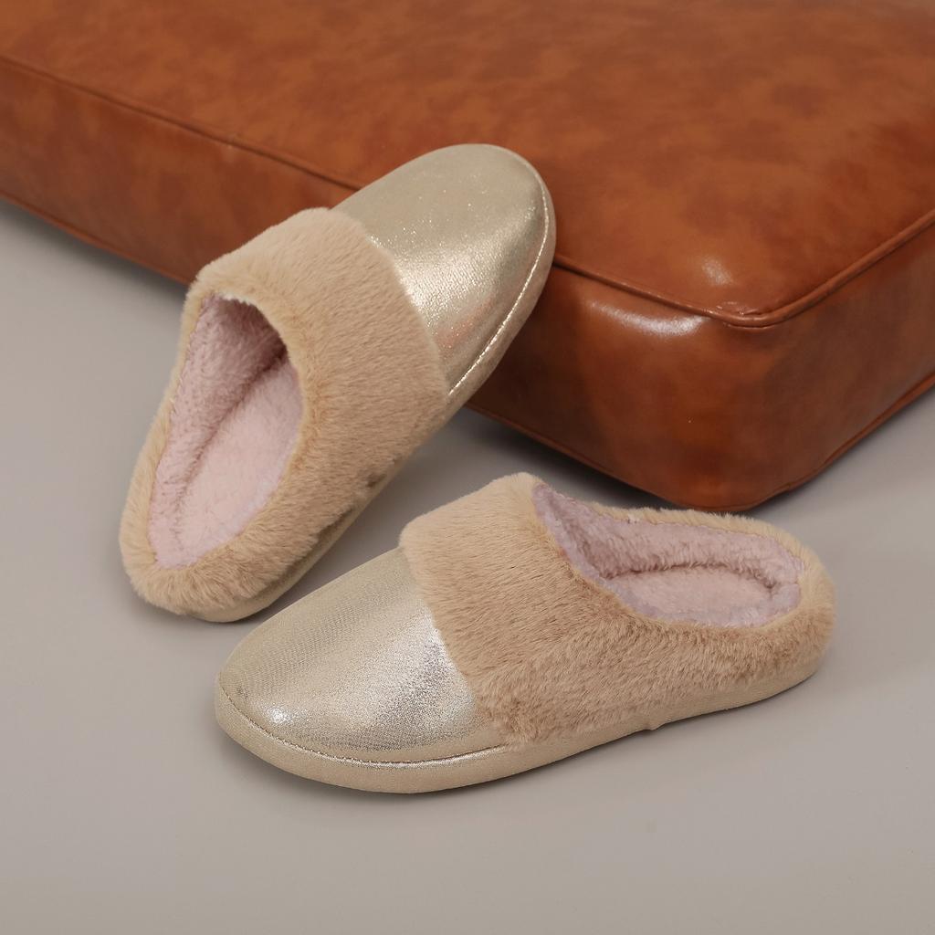 Imitation Fur Shiny Leather Cotton Slippers for Men and Women In Autumn and Winter, Anti Slip, Warm and Thick Fur Confinement Shoes, Bedroom Slippers
