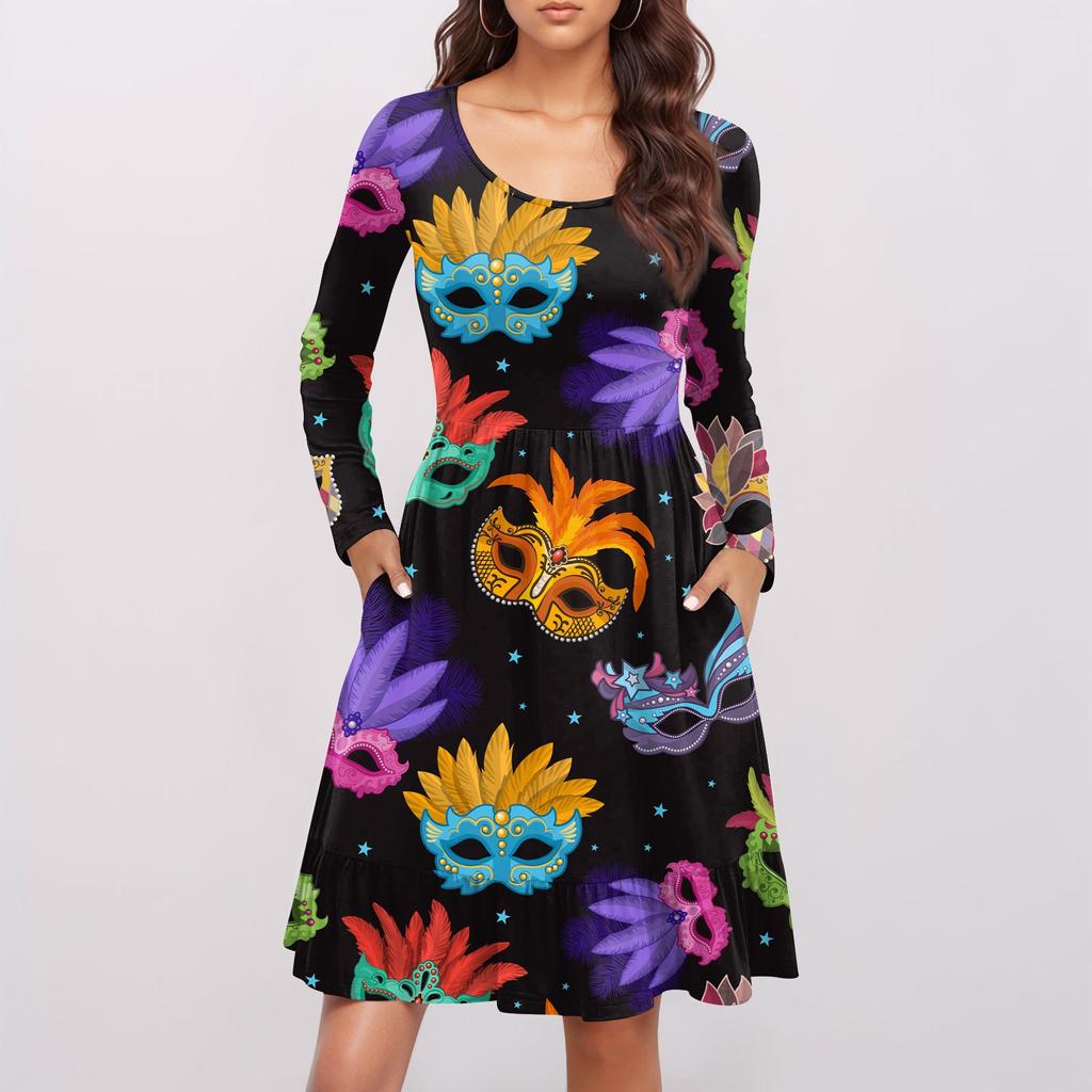 Damen Freizeitkleid mit Rundhalsausschnitt und langen Ärmeln, Karnevalsprint, lockere Taille, plissiertes Kleid