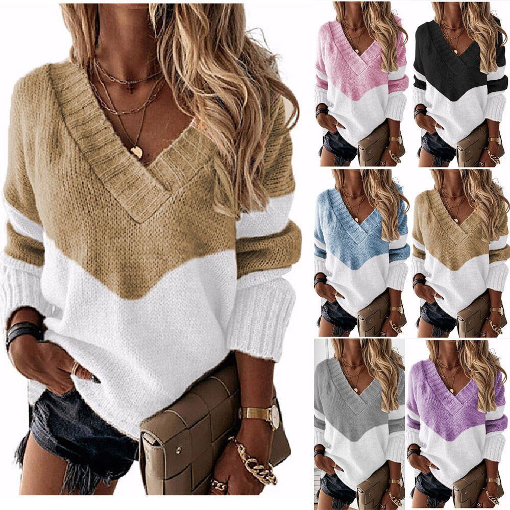 Pullovers Women Sweaters Long-sleeved Autumn Winters V Collar Loose Color Matching Sweaters Women Fashion OLN6057