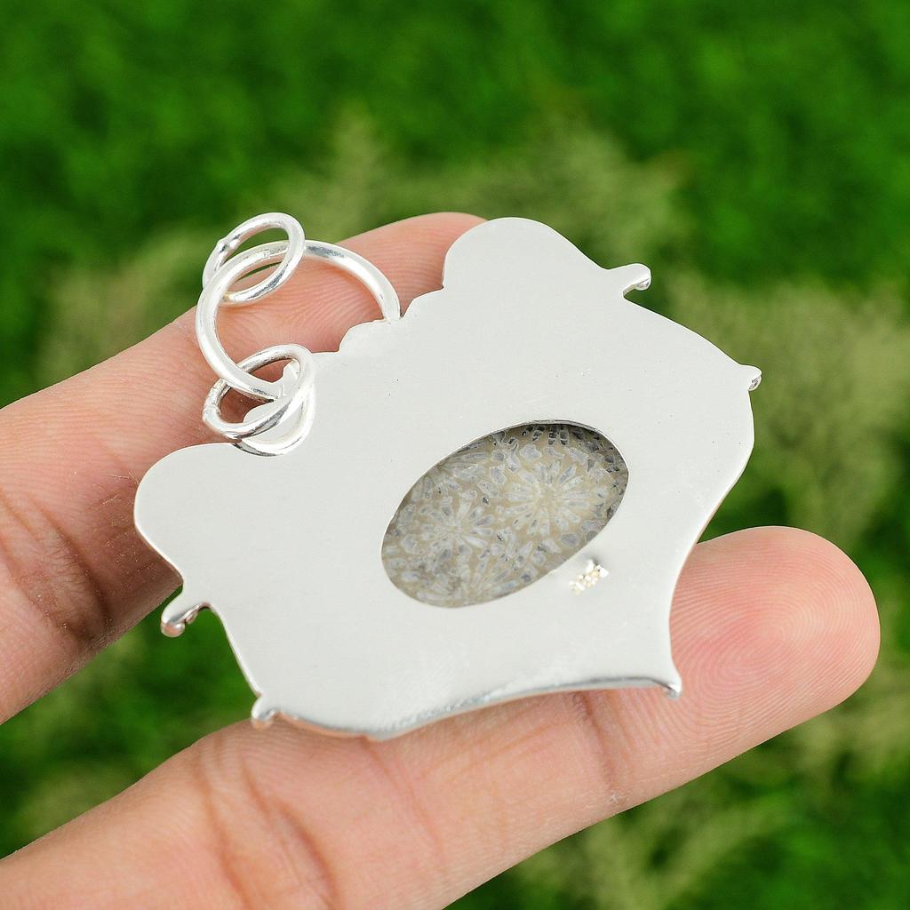 Daughters Day Sale 925 Sterling Silver Root Chakra Fossil Coral Stone Pendant