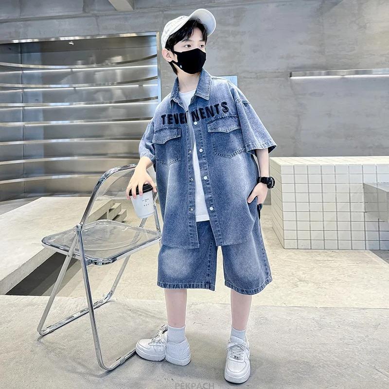 Jungen Denim Anzug Sommerkleidung Neues Kinder Kurzarmhemd + Shorts Sport Koreanische Trainingsanzüge Sets Kinder Luxus Kleidung Anzug