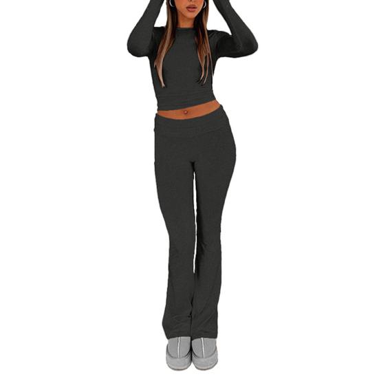 

2 шт./компл., комплект женской спортивной одежды, с длинным рукавом, круглым вырезом, короткими рукавами, приталенный крой, эластичная высокая талия, винтажная мягкая повседневная футболка, брюки S чёрный
