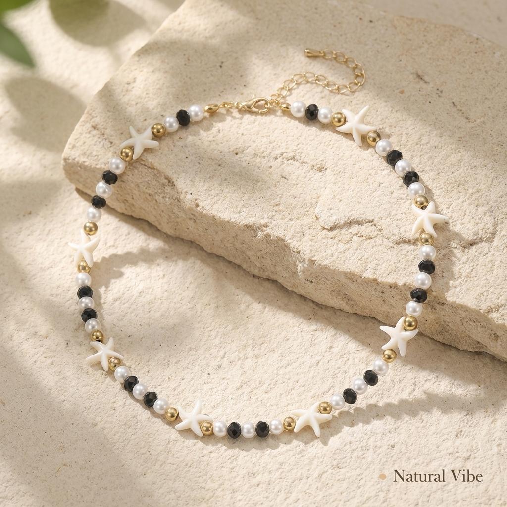 Imitation Pearl Starfish Crystal Beaded Choker Necklace Women Fashion Trend Gift Daily Accessory