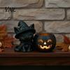 Spooky Home Decoration Halloween Black Cat Pumpkin Candlestick, 3D Printed Witch Candle Durable Resin Base Holder with Tealight Cup, Tabletop