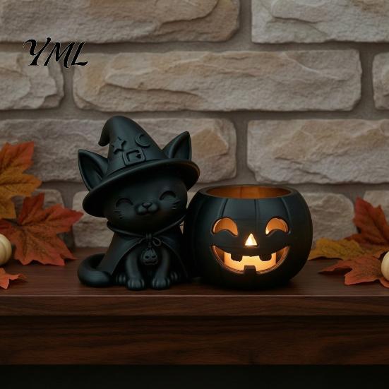 Spooky Home Decoration Halloween Black Cat Pumpkin Candlestick, 3D Printed Witch Candle Durable Resin Base Holder with Tealight Cup, Tabletop