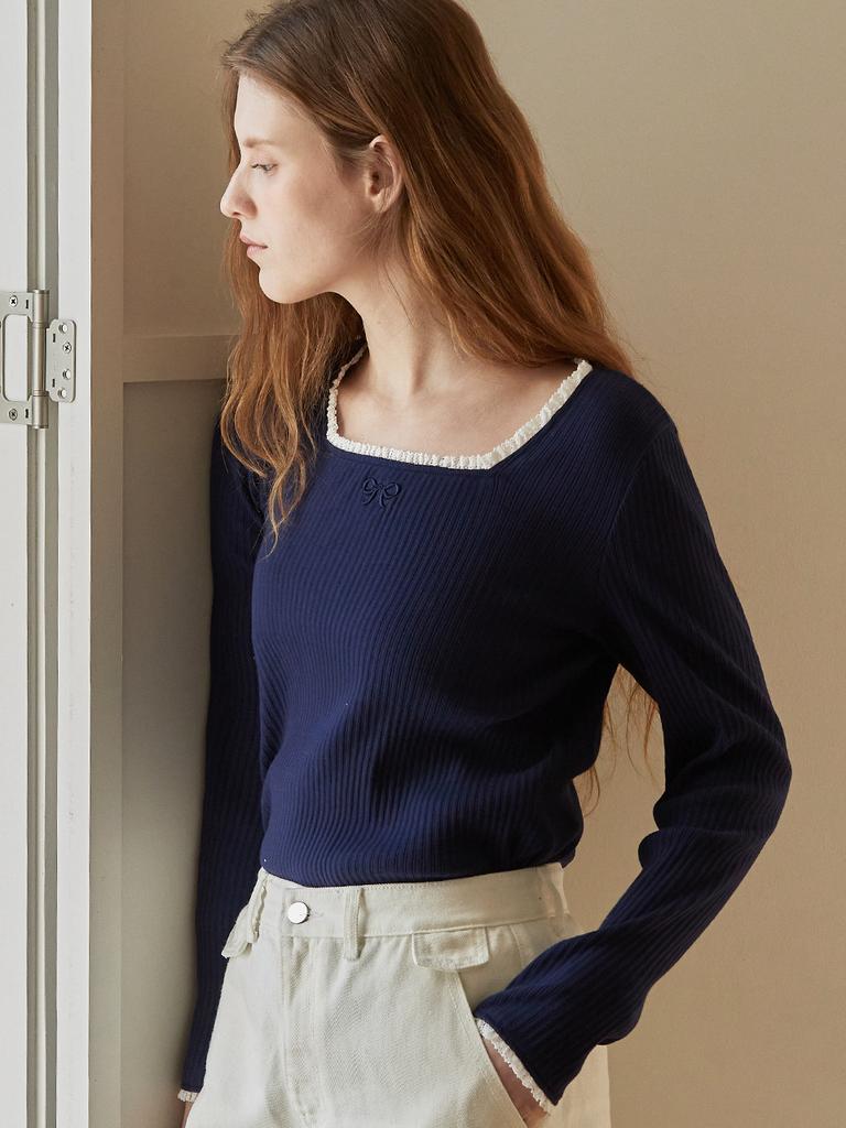 BEMUSE MANSION Ribbon Point Square Neck Top - Blue Navy