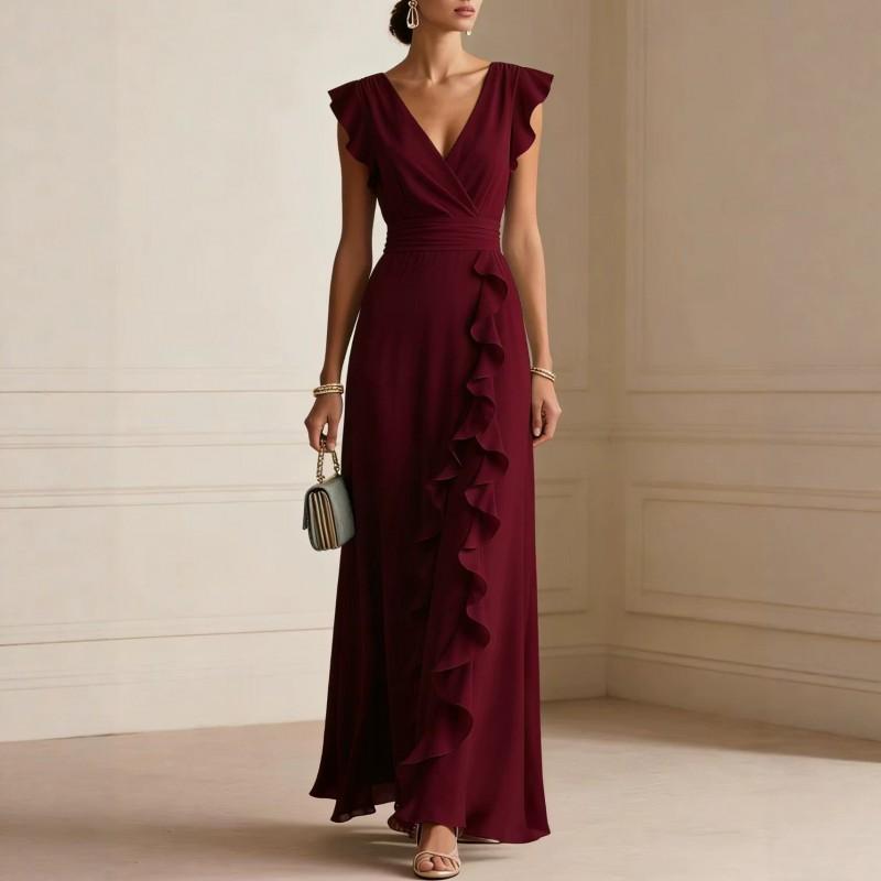 Elegant V-Neck Solid Color A-Line Midi Dress Women Sophisticated Wrap Detail Sleeveless Occasion