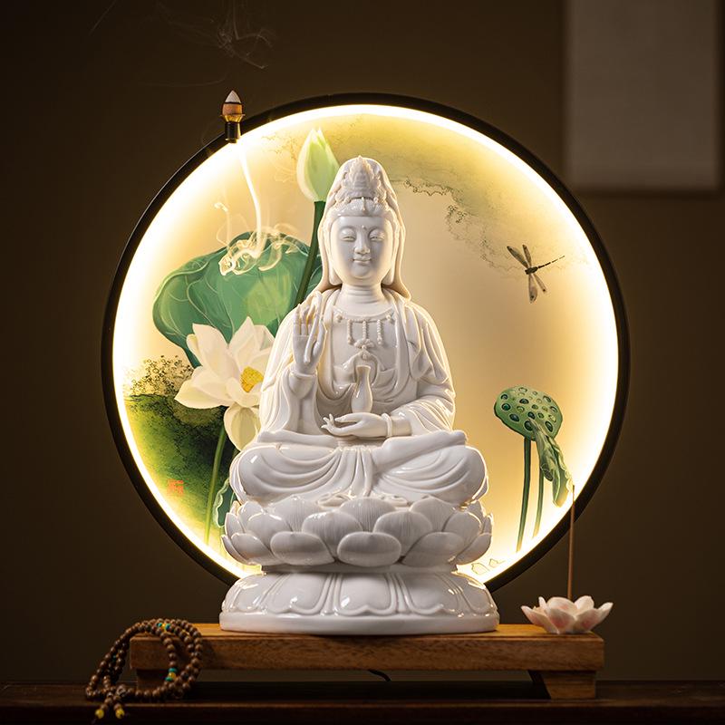 White Ceramic Lotus Guanyin Buddha Statue Incense Burner with Lamp for Home Decor