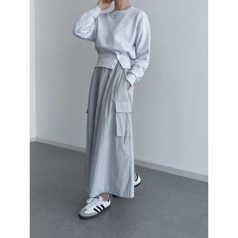 Sør-Korea elegant vårfarget retro allsidig elastisk midje snøring med store lommer design løst avslappet cargoskjørt for kvinner