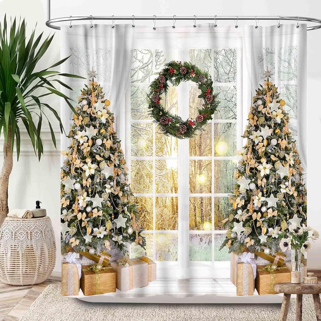 Christmas Shower Curtain,Winter Fireplace Xmas Trees Gifts Printed New Year Waterproof Fabric Bathroom Shower Curtain Set with
