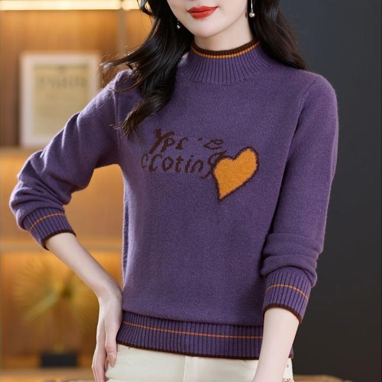 Women's Thickened Wool Sweater Autumn Winter Half-High Neck Printed Wool Sweater Loose Knit Pullover Top