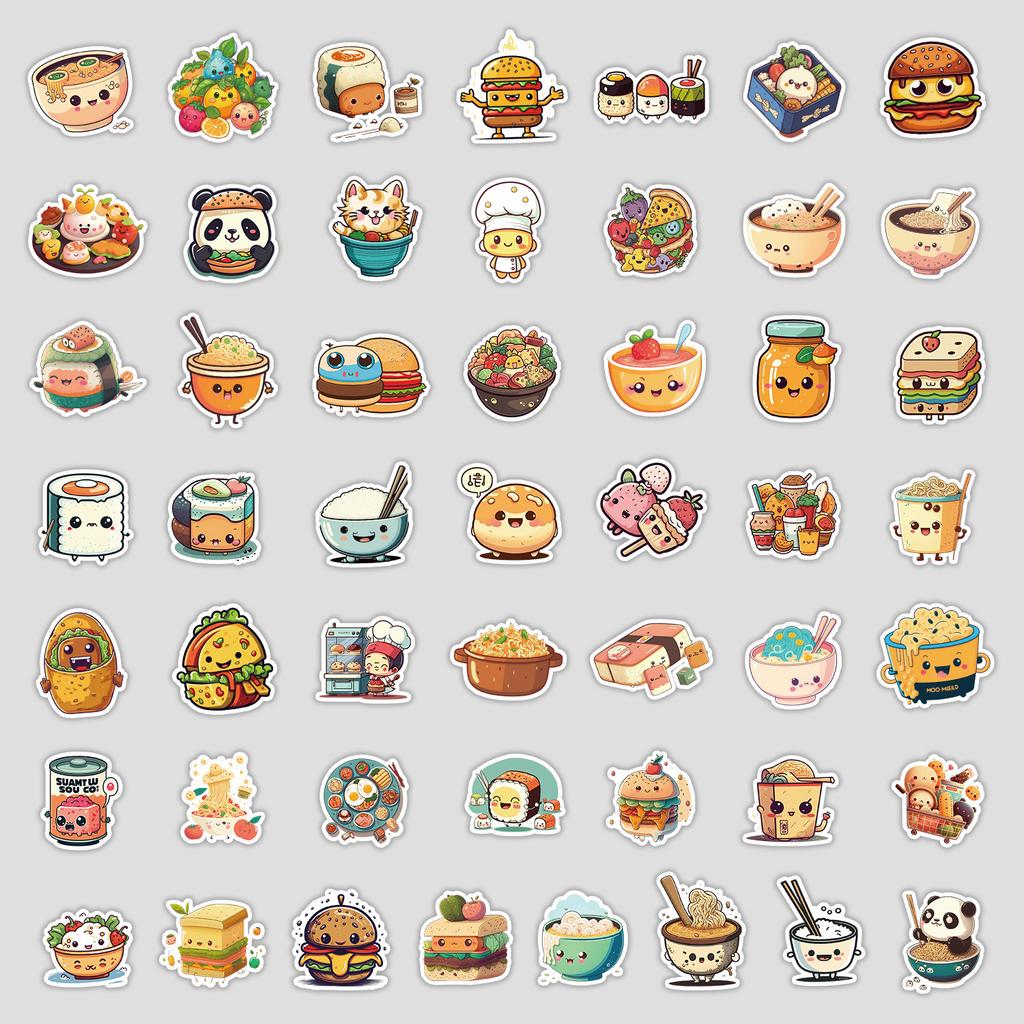 50 Cute Food Doodle Stickers, Stationery Stickers, Water Cup, Laptop, Notebook, Waterproof Decorative Stickers