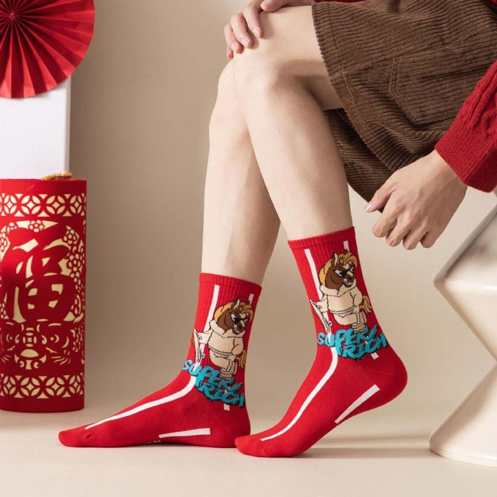 Chinese Culture Year of The Horse Socks Cartoon Red Cotton Socks Zodiac Year Socks Winter Autumn