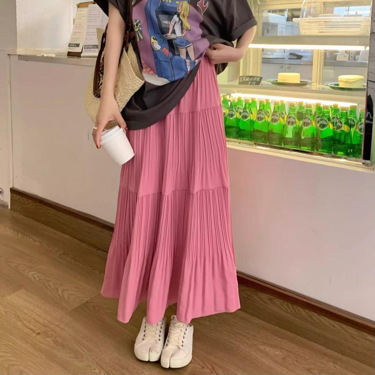 

Плиссированная миди-юбка большого размера для женщин - Весенне-летняя свободная летящая А-силуэта нишевая юбка-полусолнце 2XL розовый