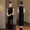 Black new Chinese woven embroidered long Hong Kong style sleeveless cheongsam 1011 summer new high-end banquet cheongsam