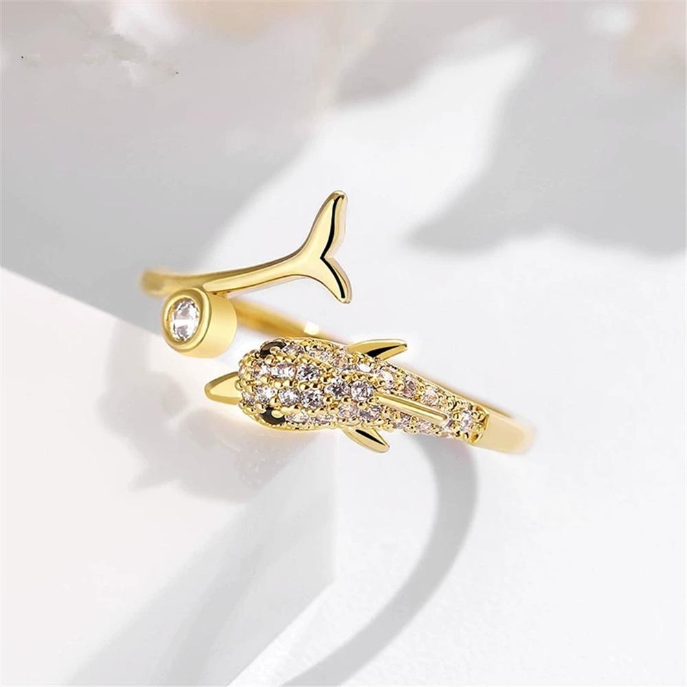 

Cute Female White Zircon Stone Gold Color Dolphin Wedding Rings Promise Open Adjustable Engagement For Women resizable