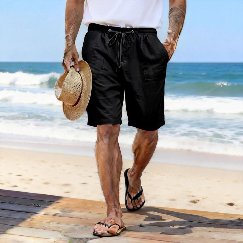 

Cotton and Linen Shorts Drawstring Elastic Waist Straight Leg Solid Color Breathable Daily Beach Casual Pants S чёрный