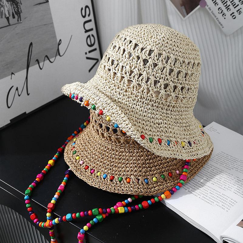 Straw Hat Dongdaemun New Handmade Crochet Straw Hollow Bead Bucket Hat Women's Big Head Circumference Sunshade Straw Hat