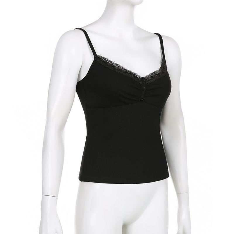 VAYLA Sexy Folds Buttons Sleeveless Crop Top Black Vintage Y2K Corset Tops  Casual Basic T-shirt