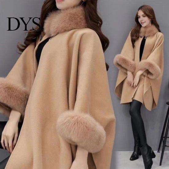 Winter Coat Lady Cape Dolman Sleeves Thick Shawl Loose Stand Collar Solid Cozy Wool Blend Trench Color Faux Fur Decor Warm Daily Wear Work Outdoor