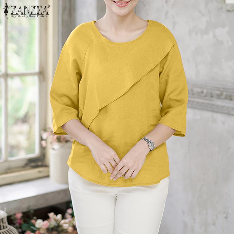 ZANZEA Bluză casual de vară pentru femei, cu gât rotund, culoare uni, mâneci 3/4