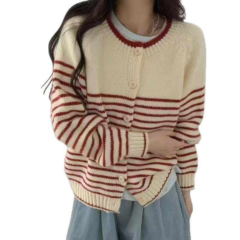 New Striped Contrasting Color Design Round Neck Single-breasted Long-sleeved Loose Knitted Cardigan Basic Coat