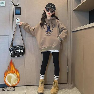 Girls' Velvet Hooded Sweatshirt, Loose Fit, 2022 Autumn/Winter New, Korean Style Trend, One-Piece for Older Children